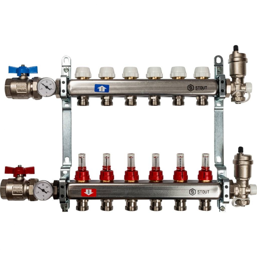 Коллектор из нержавеющей стали для систем напольного отопления с расходомерами на 6 выходовSTOUT /1/